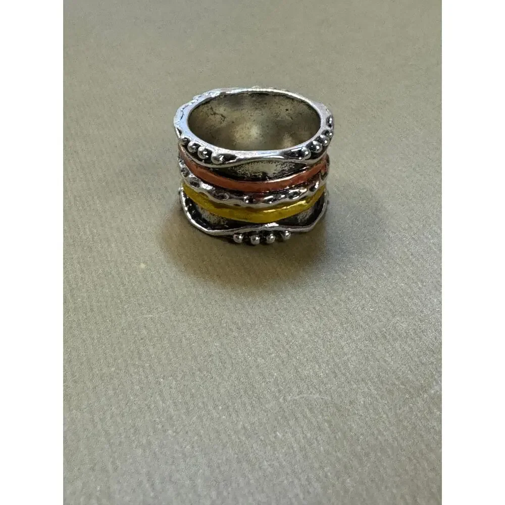 Size 9 Boho Wide Band Ring Silver Gold Copper Textured Statement Ring 1/2